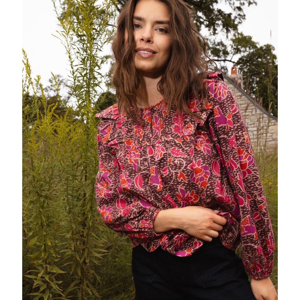 Summersalt Countryside Poplin Ruffle Blouse Top Vineyard Blooms Pinot Womens XL